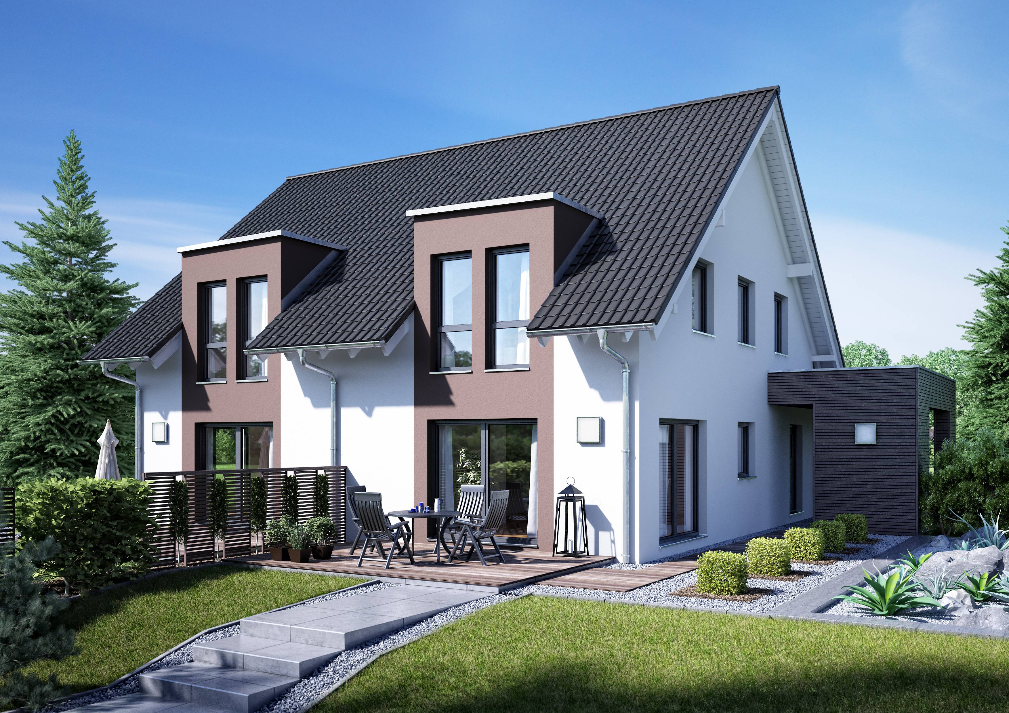 Fertighaus Gemello SD 136 von Büdenbender Hausbau Schlüsselfertig ab 287500€, Satteldach-Klassiker Außenansicht 1