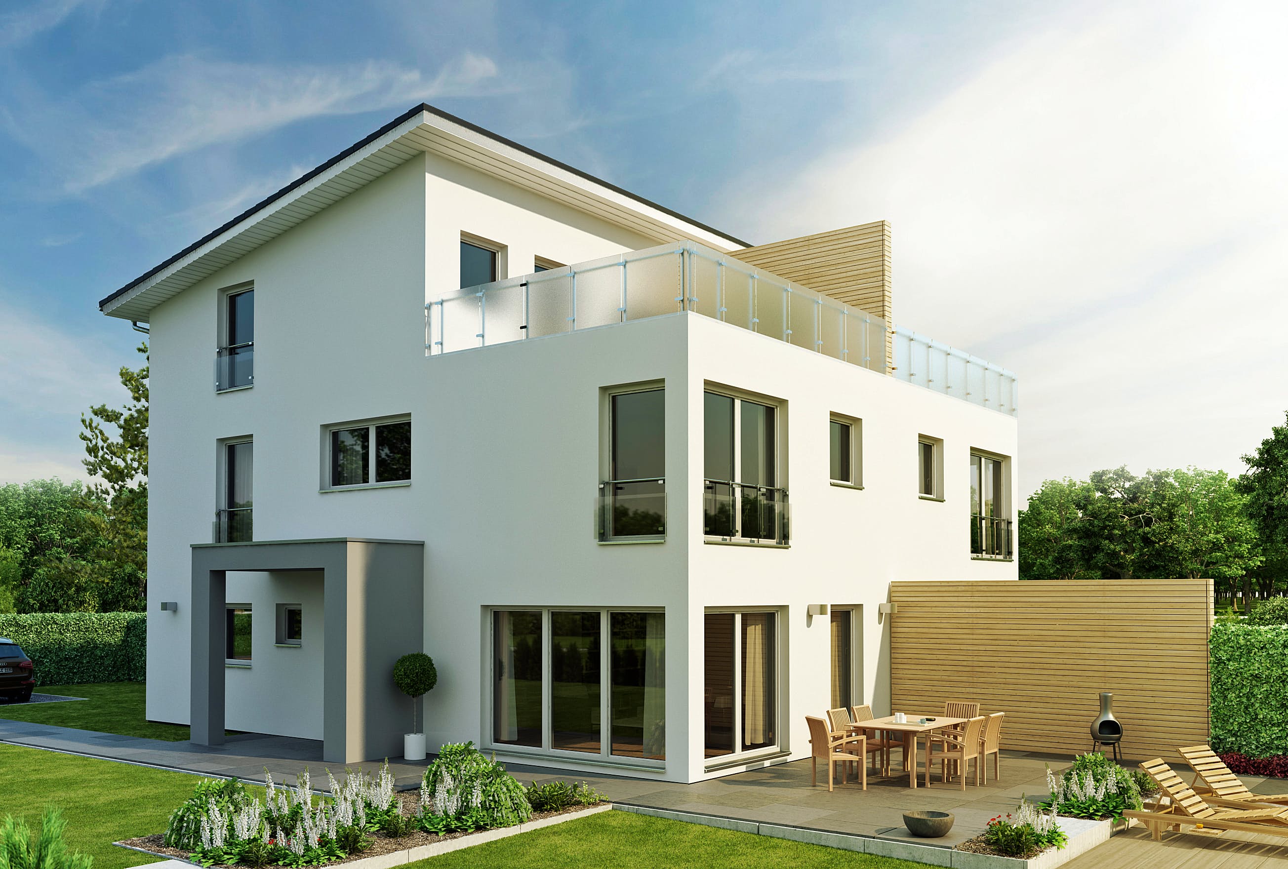 Fertighaus Gemello PD 236 von Büdenbender Hausbau Schlüsselfertig ab 409200€, Pultdachhaus Außenansicht 1