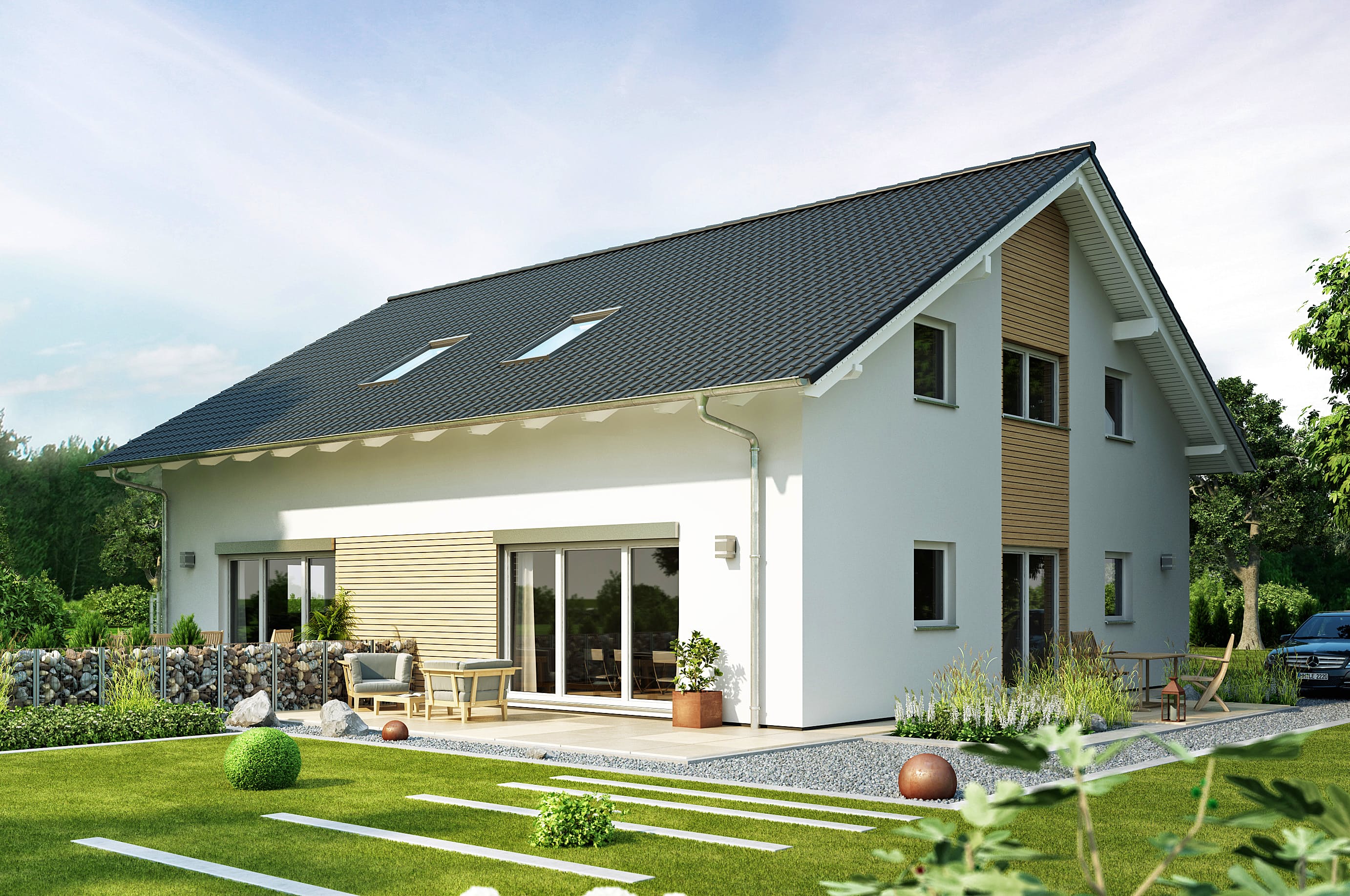 Fertighaus Gemello SD 131 von Büdenbender Hausbau Schlüsselfertig ab 266500€, Satteldach-Klassiker Außenansicht 1