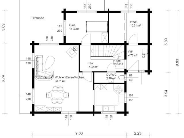 Blockhaus Görwihl von Rems-Murr-Holzhaus Ausbauhaus ab 344710€, Satteldach-Klassiker Grundriss 1