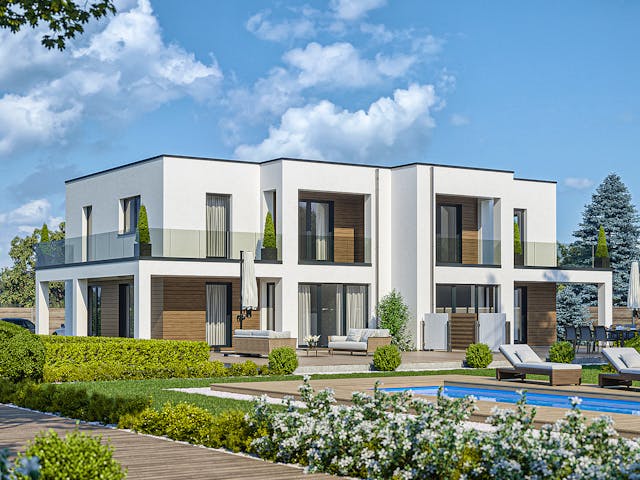 Fertighaus Haas D 110 A von Haas Fertigbau - Mehrfamilienhäuser Schlüsselfertig ab 346000€, Cubushaus Außenansicht 1 Fertighaus Haas D 110 A von Haas Fertigbau - Mehrfamilienhäuser Schlüsselfertig ab 346000€, Cubushaus Außenansicht 1