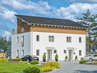Fertighaus Haas D 112 A von Haas Fertigbau - Mehrfamilienhäuser Schlüsselfertig ab 362000€, Pultdachhaus Außenansicht 2