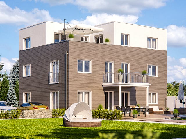 Fertighaus Haas Mehrfamilienhaus mit 3 Wohneinheiten und Flachdach von Haas Fertigbau - Mehrfamilienhäuser, Außenansicht 1 Fertighaus Haas Mehrfamilienhaus mit 3 Wohneinheiten und Flachdach von Haas Fertigbau - Mehrfamilienhäuser, Außenansicht 1