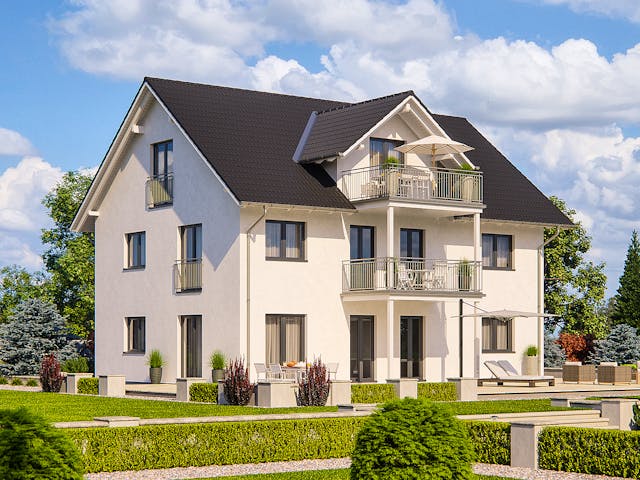 Fertighaus Haas Mehrfamilienhaus mit 3 Wohneinheiten und Satteldach von Haas Fertigbau - Mehrfamilienhäuser, Außenansicht 1