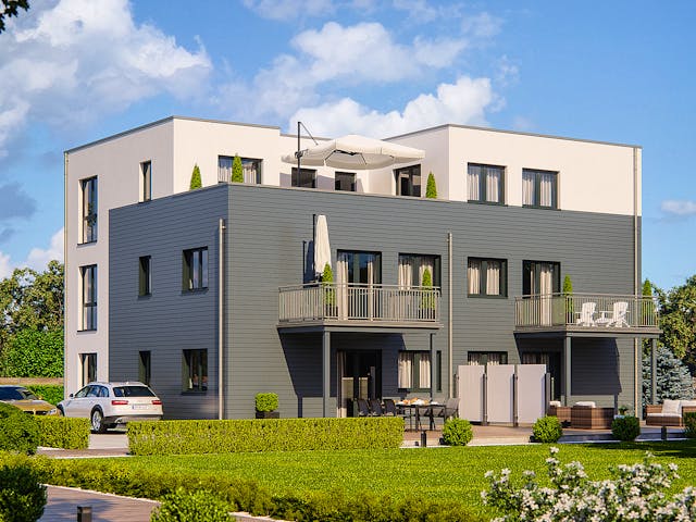 Fertighaus Haas Mehrfamilienhaus mit 5 Wohneinheiten und Flachdach von Haas Fertigbau - Mehrfamilienhäuser, Außenansicht 1 Fertighaus Haas Mehrfamilienhaus mit 5 Wohneinheiten und Flachdach von Haas Fertigbau - Mehrfamilienhäuser, Außenansicht 1