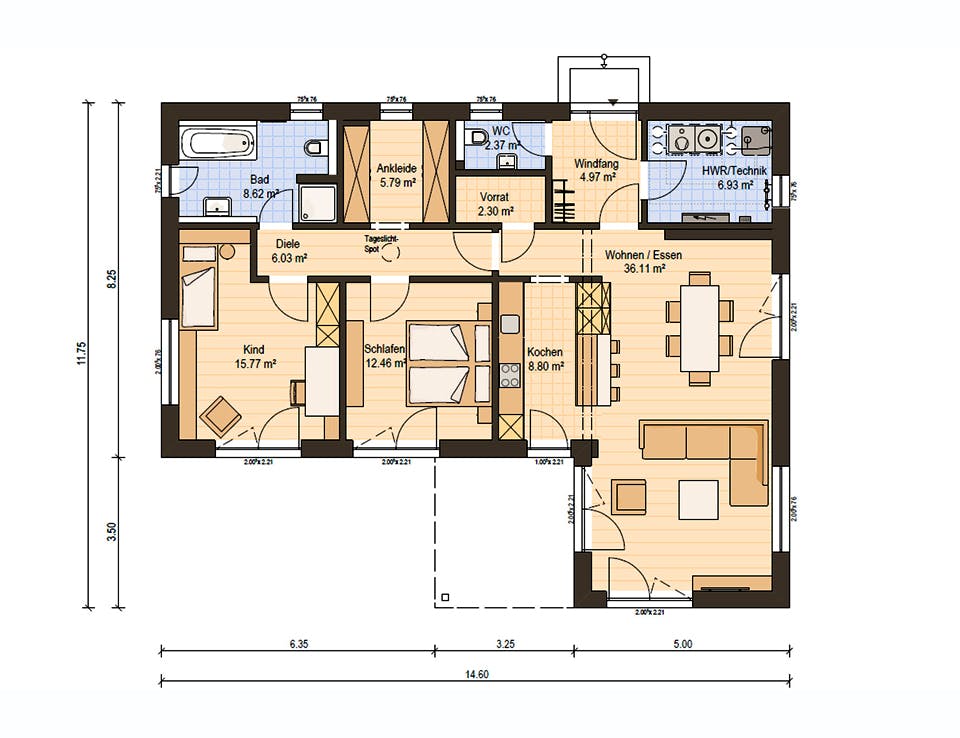 Fertighaus Haas BT 111 B von Haas-Fertigbau Ausbauhaus ab 236000€, Bungalow Grundriss 1