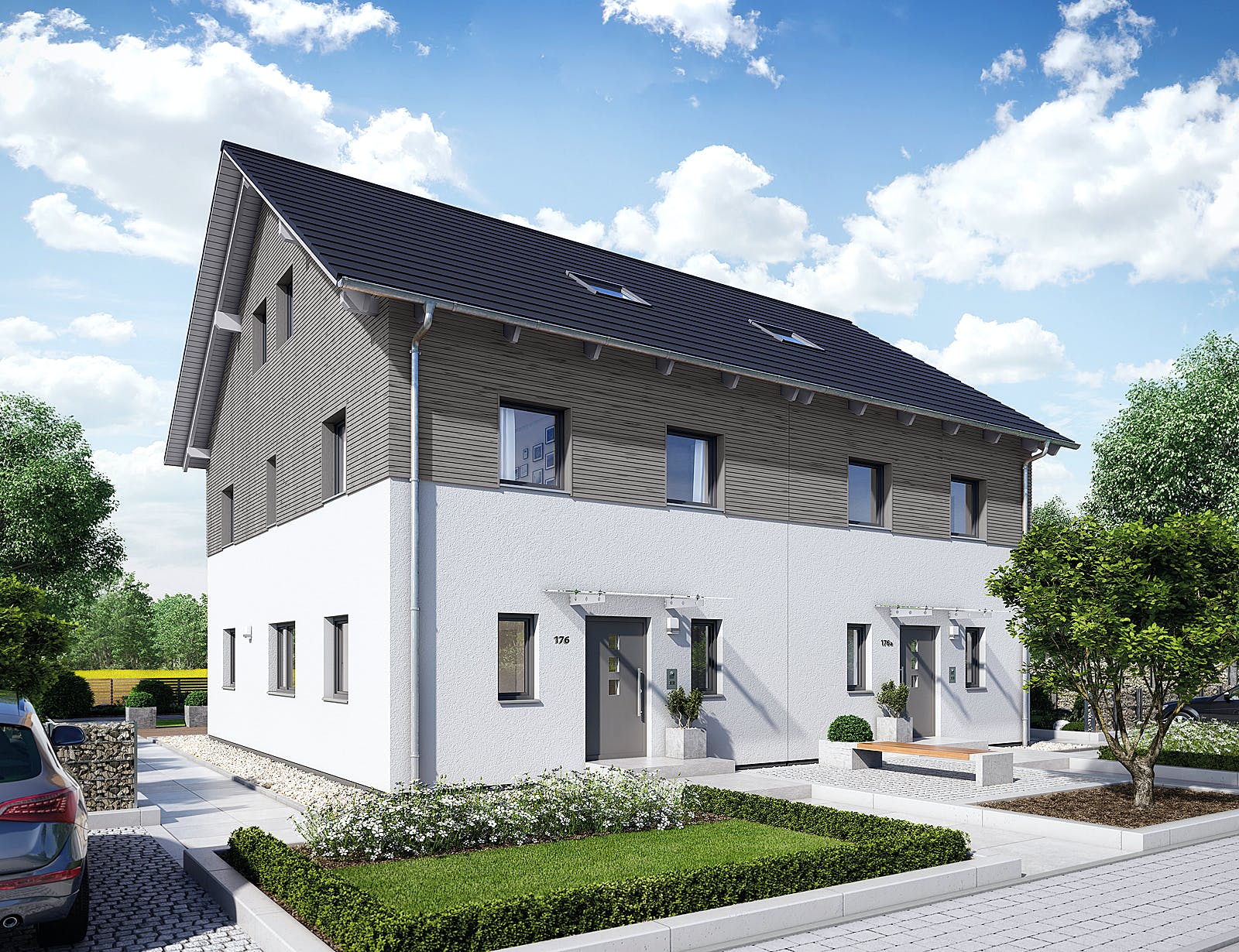 Fertighaus Doppelhaus 35-176 von Hanse Haus Schlüsselfertig ab 394583€, Satteldach-Klassiker Außenansicht 1