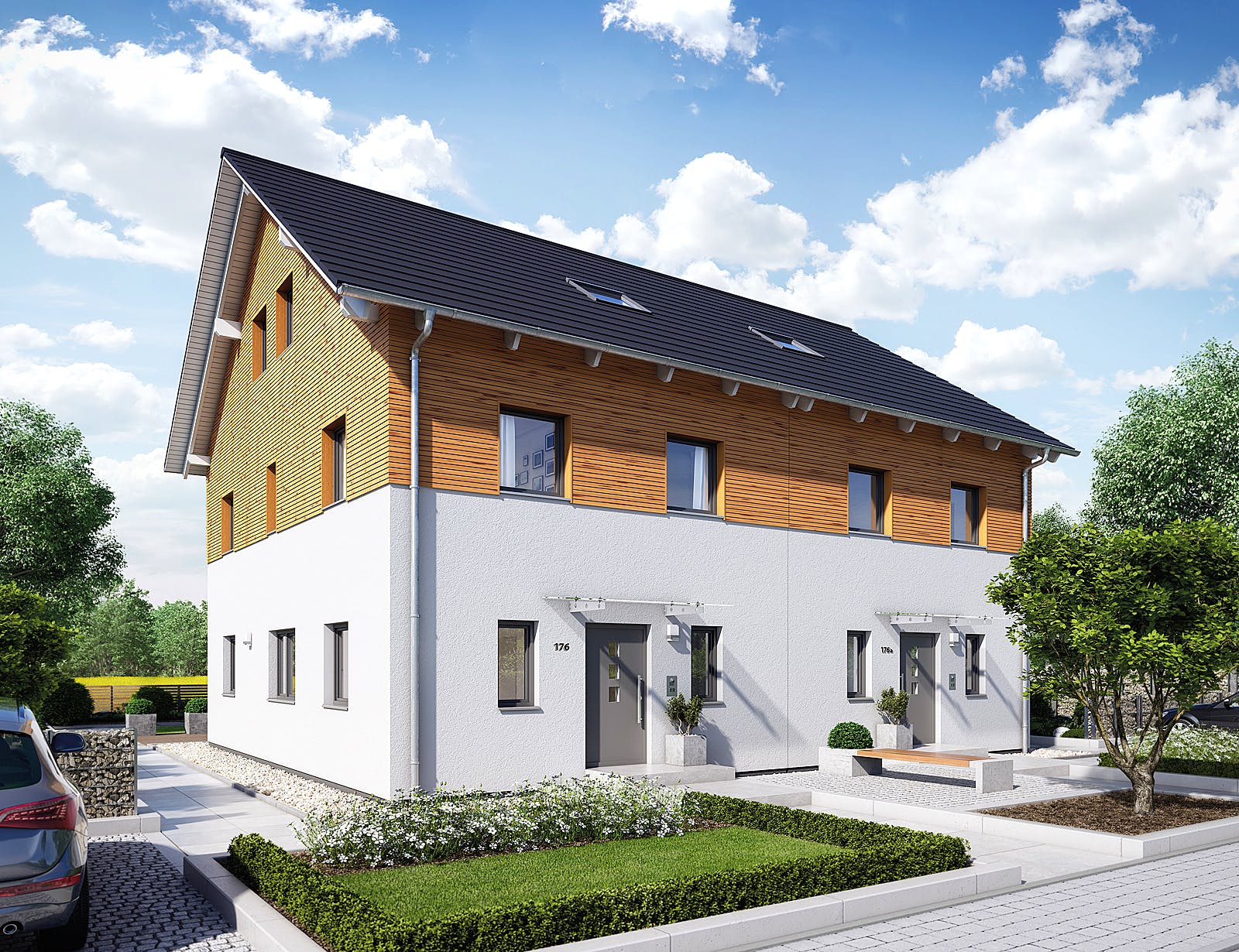 Fertighaus Doppelhaus 35-176 von Hanse Haus Schlüsselfertig ab 394583€, Satteldach-Klassiker Außenansicht 2