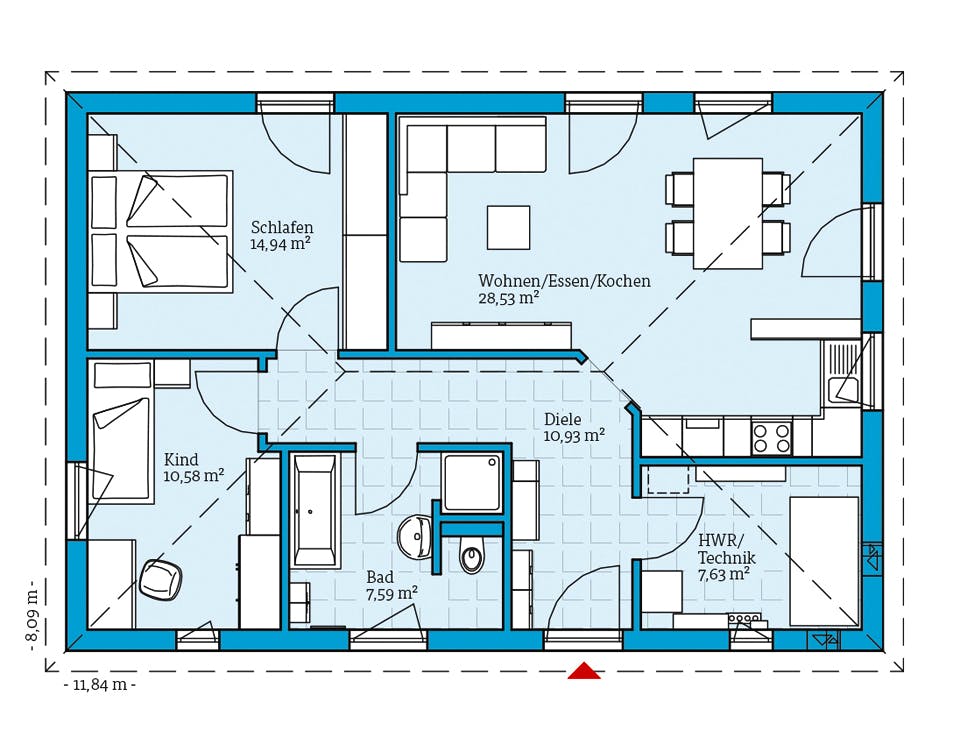 Fertighaus Bungalow 80 von Hanse Haus Schlüsselfertig ab 266961€, Bungalow Grundriss 1