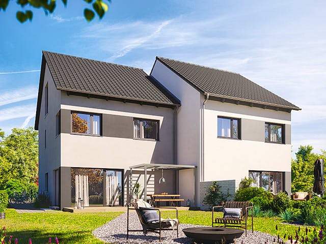Fertighaus Doppelhaus 164 von Hanse Haus Schlüsselfertig ab 443565€, Satteldach-Klassiker Außenansicht 1 Fertighaus Doppelhaus 164 von Hanse Haus Schlüsselfertig ab 443565€, Satteldach-Klassiker Außenansicht 1