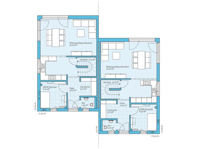 Fertighaus Doppelhaus 164 von Hanse Haus Schlüsselfertig ab 457474€, Satteldach-Klassiker Grundriss 1