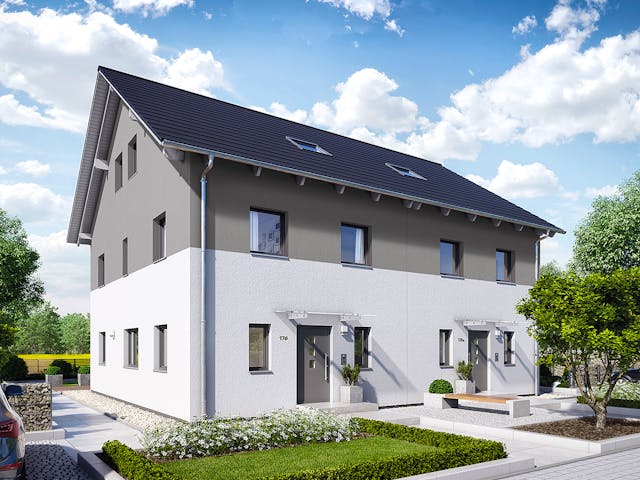 Fertighaus Doppelhaus 176 von Hanse Haus Schlüsselfertig ab 455288€, Satteldach-Klassiker Außenansicht 1 Fertighaus Doppelhaus 176 von Hanse Haus Schlüsselfertig ab 455288€, Satteldach-Klassiker Außenansicht 1