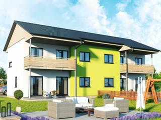 Fertighaus Doppelhaushälfte 119 S von HARTL HAUS Schlüsselfertig ab 431870€, Satteldach-Klassiker Außenansicht 1