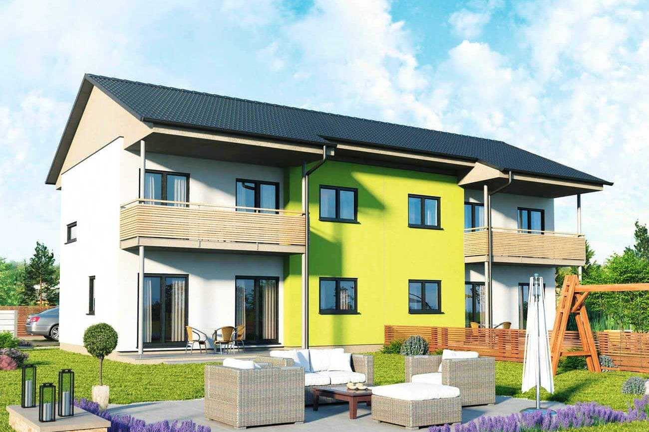 Fertighaus Doppelhaus 120 S von Hartl Haus Schlüsselfertig ab 301080€, Satteldach-Klassiker Außenansicht 1