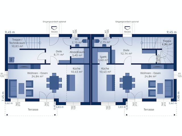 Fertighaus Doppelhaushälfte 119 S von HARTL HAUS Schlüsselfertig ab 431870€, Satteldach-Klassiker Grundriss 1