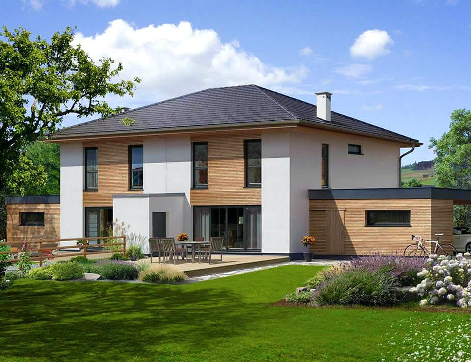 Fertighaus Doppelhaus 140 W von Hartl Haus Schlüsselfertig ab 286208€, Stadtvilla Außenansicht 1