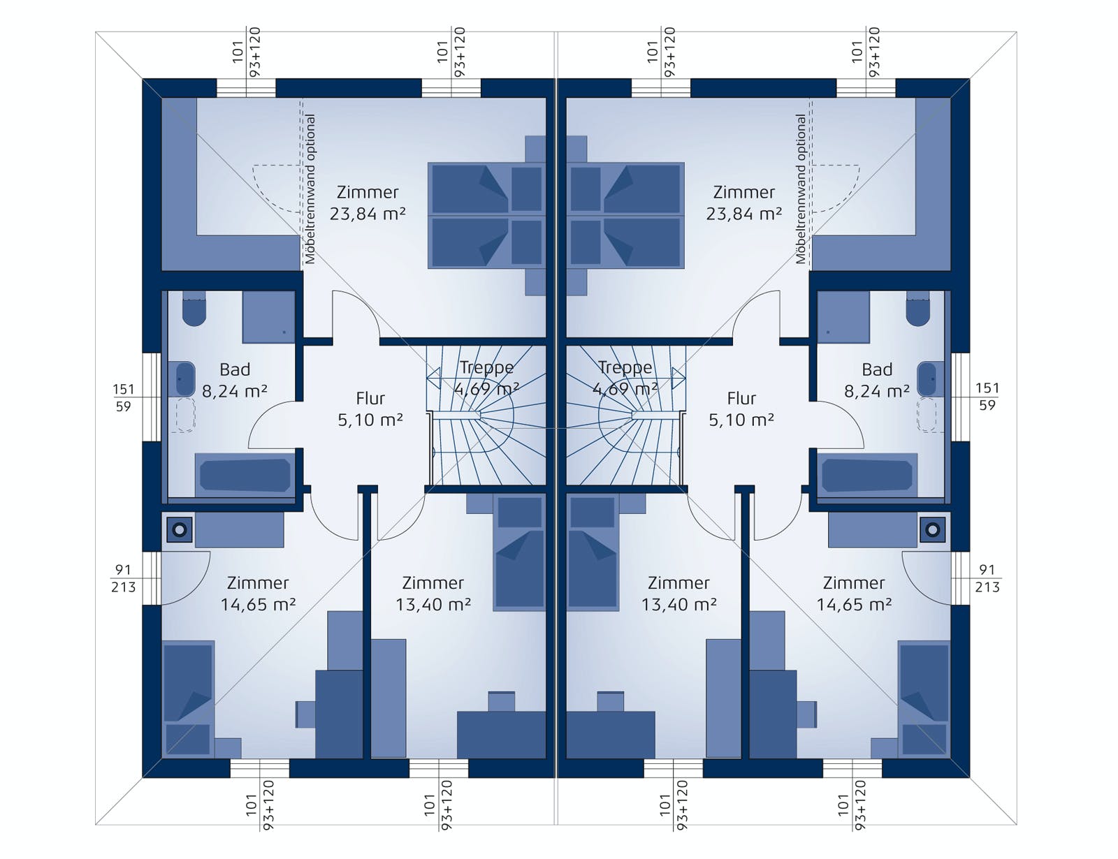 Fertighaus Doppelhaus 140 W von Hartl Haus Schlüsselfertig ab 286208€, Stadtvilla Grundriss 2