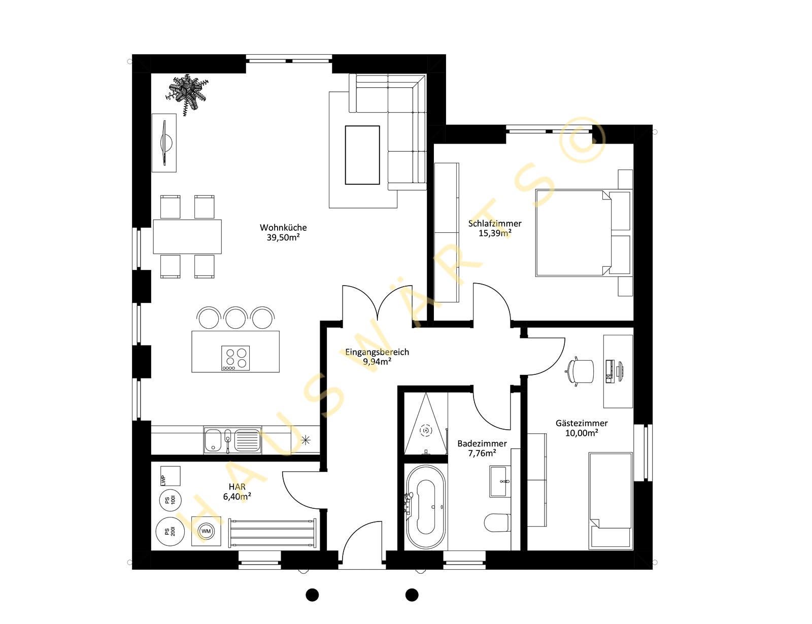 Massivhaus Wismar von Hauswärts Consulting Schlüsselfertig ab 179000€, Bungalow Grundriss 1