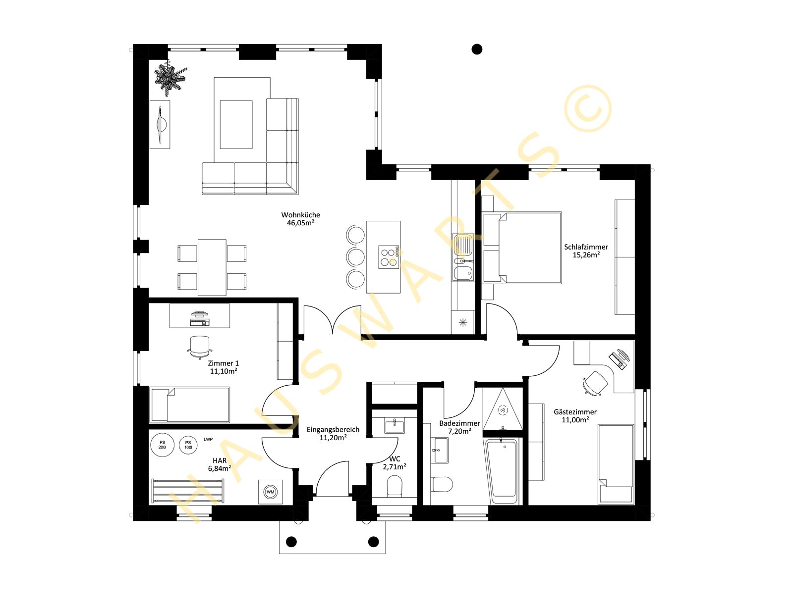 Massivhaus Stralsund von Hauswärts Consulting Schlüsselfertig ab 229000€, Bungalow Grundriss 1