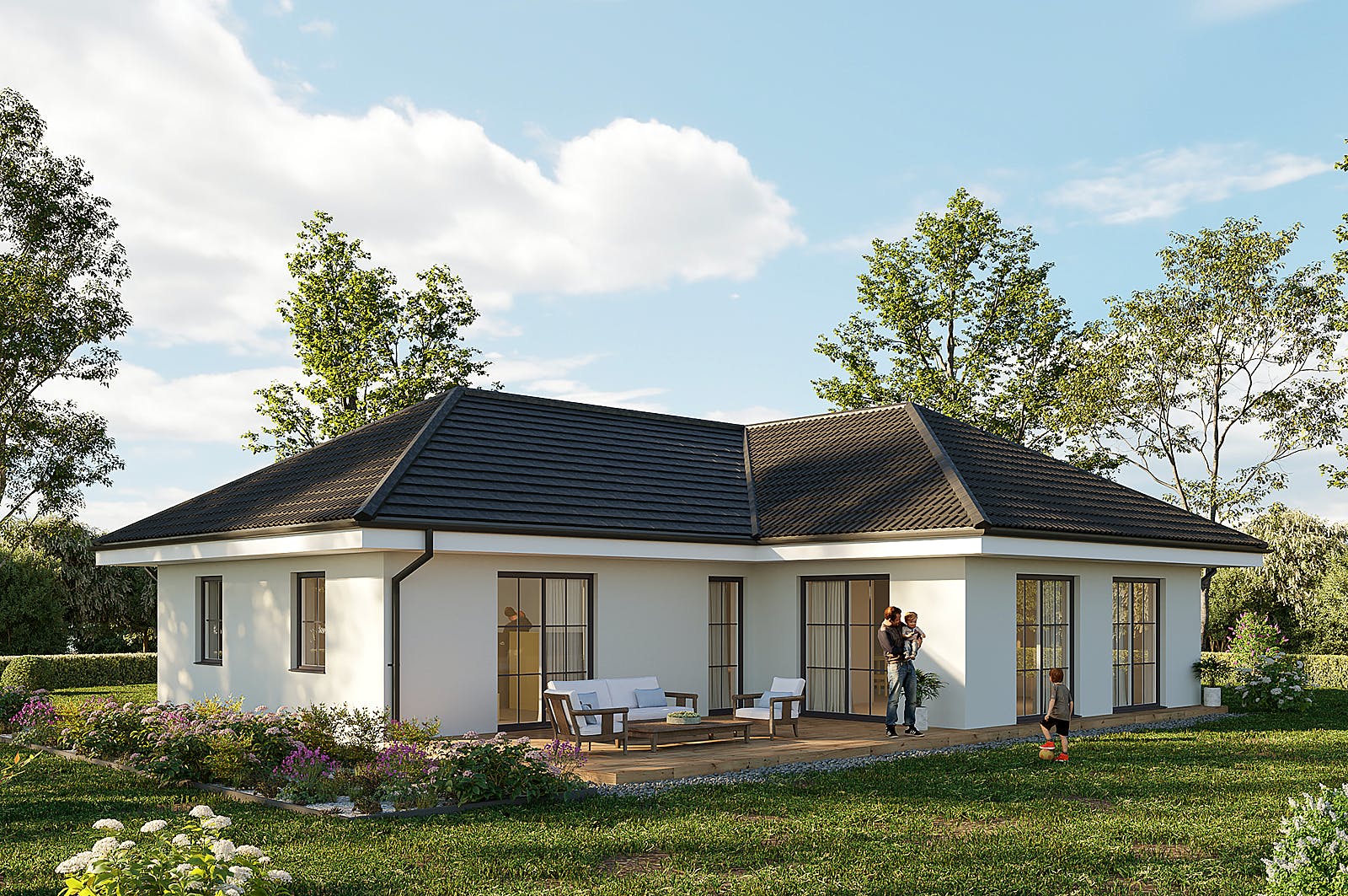 Massivhaus Rostock - Walmdach von Hauswärts Consulting Schlüsselfertig ab 215000€, Bungalow Außenansicht 1