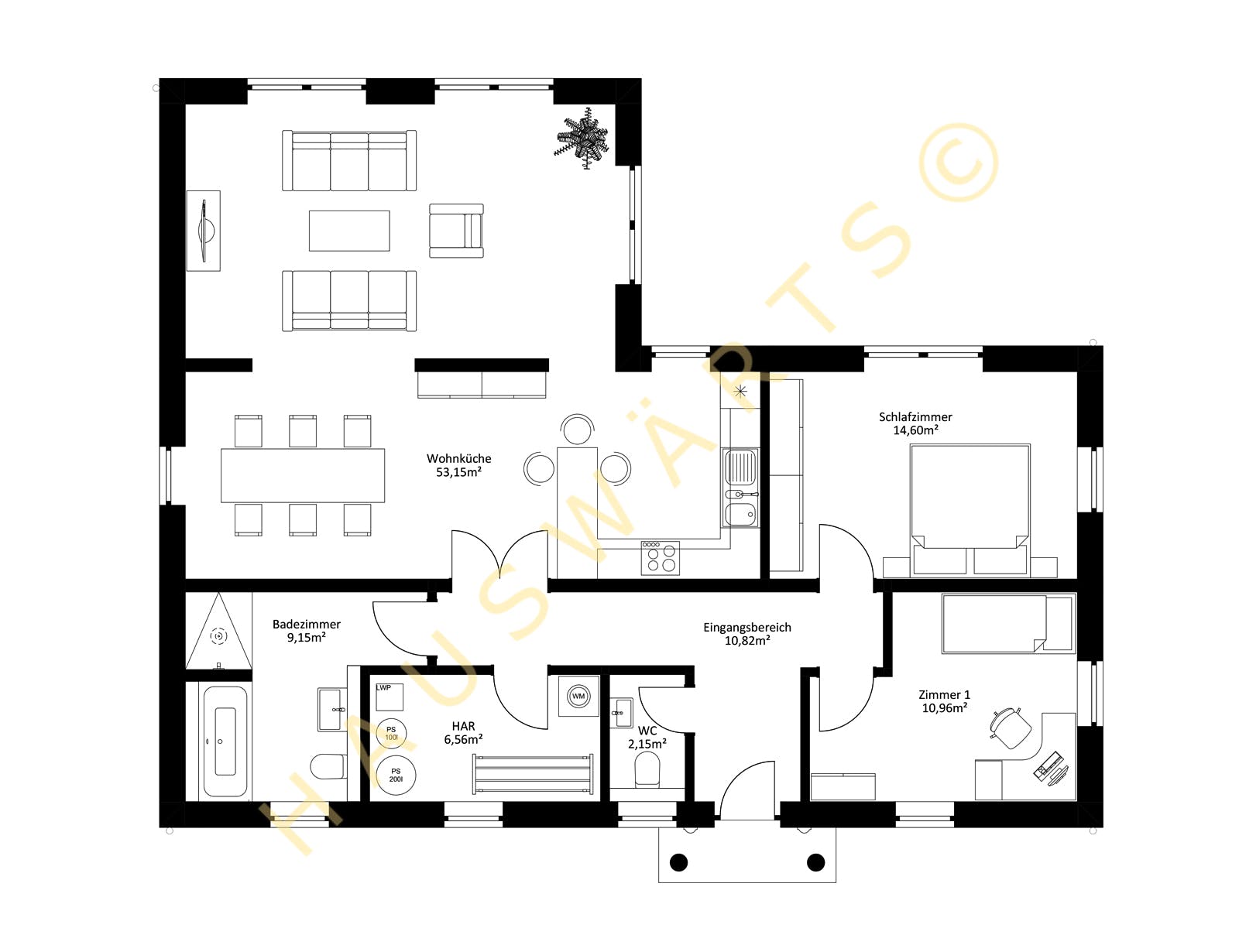 Massivhaus Rostock - Walmdach von Hauswärts Consulting Schlüsselfertig ab 215000€, Bungalow Grundriss 1