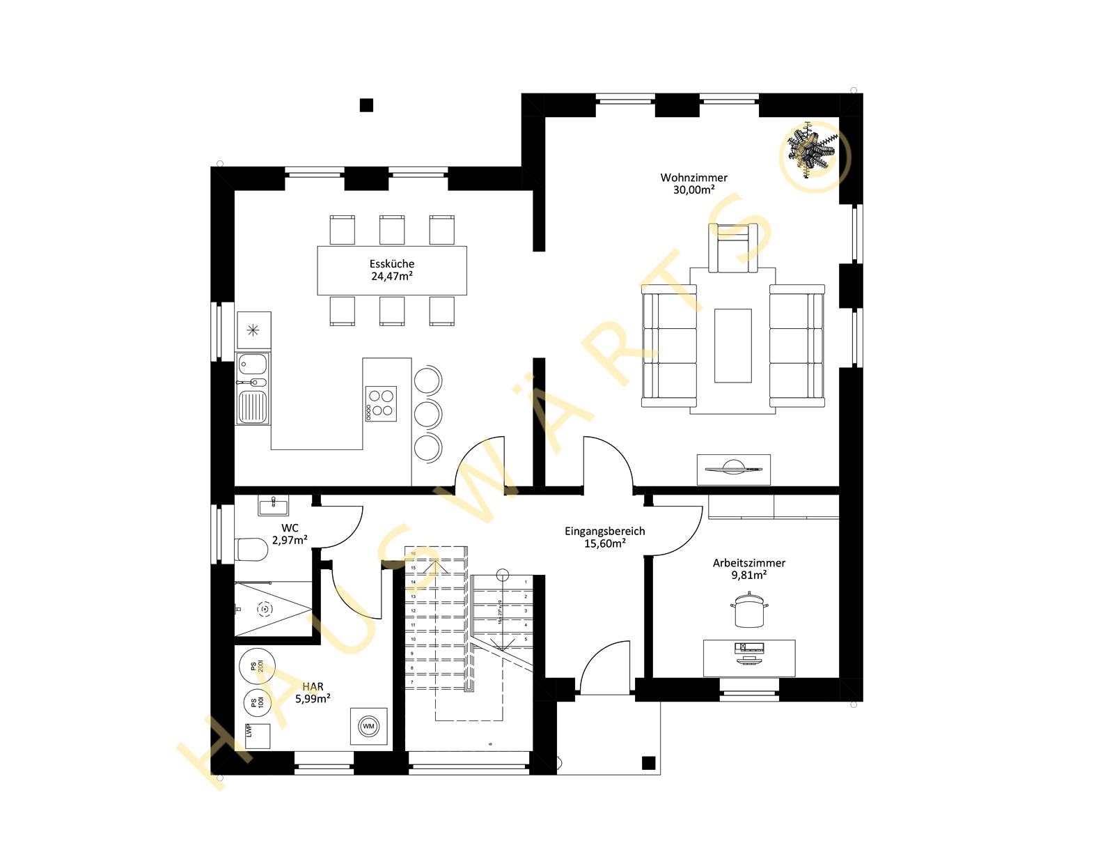 Massivhaus Oranienburg von Hauswärts Consulting Schlüsselfertig ab 279000€, Satteldach-Klassiker Grundriss 1
