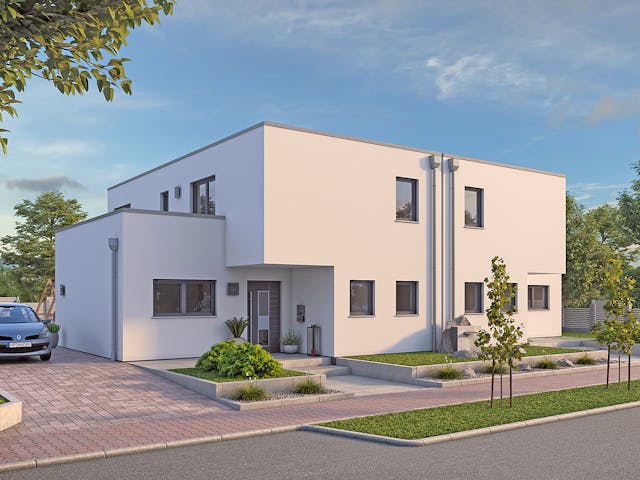 Massivhaus DHH Bauhaus 130 von hebelHAUS, Cubushaus Außenansicht 1 Massivhaus DHH Bauhaus 130 von hebelHAUS, Cubushaus Außenansicht 1