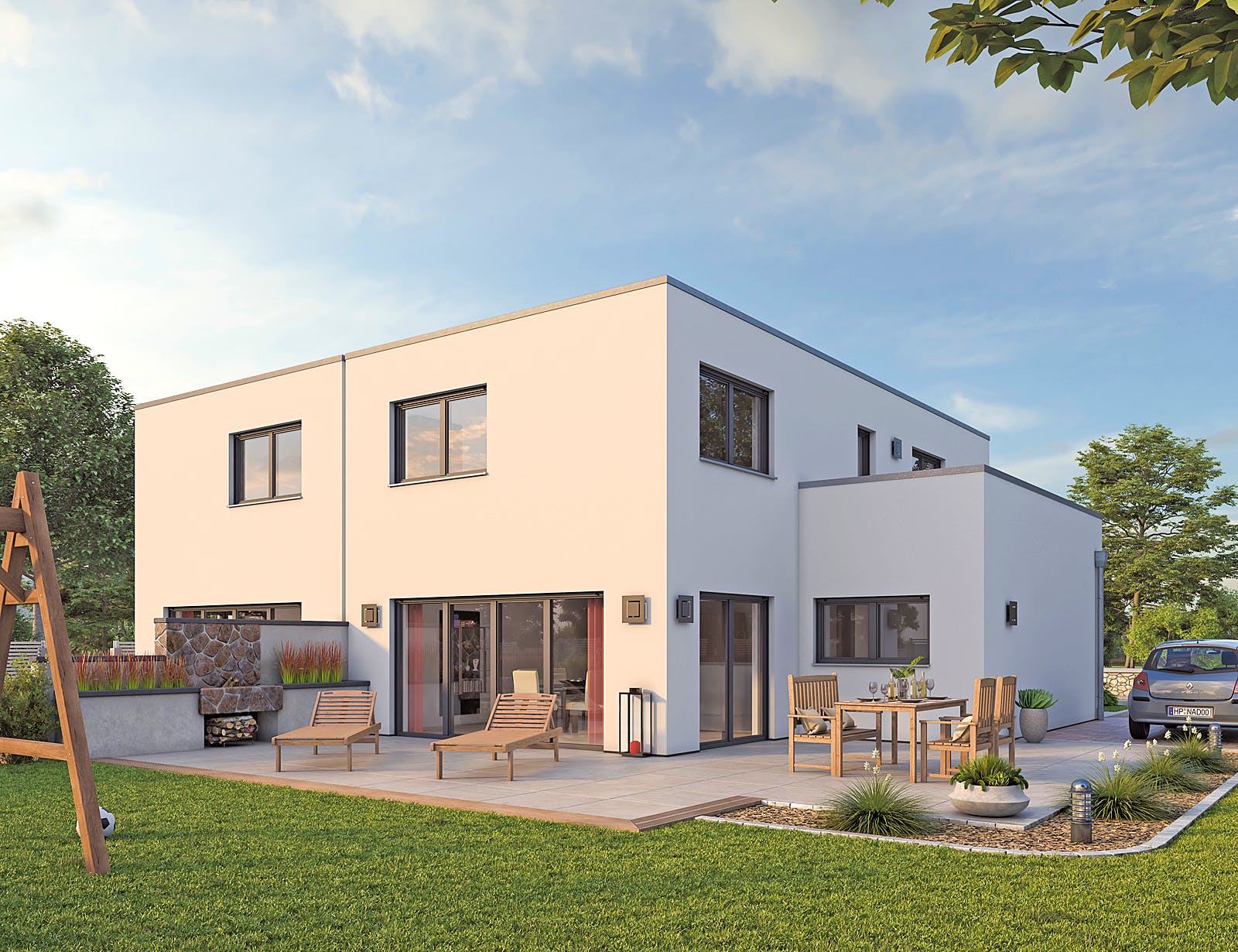Massivhaus DHH Bauhaus 130 von hebelHAUS, Cubushaus Außenansicht 2