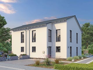 Massivhaus DHH Stadtvilla 110 von hebelHAUS, Satteldach-Klassiker Außenansicht 1