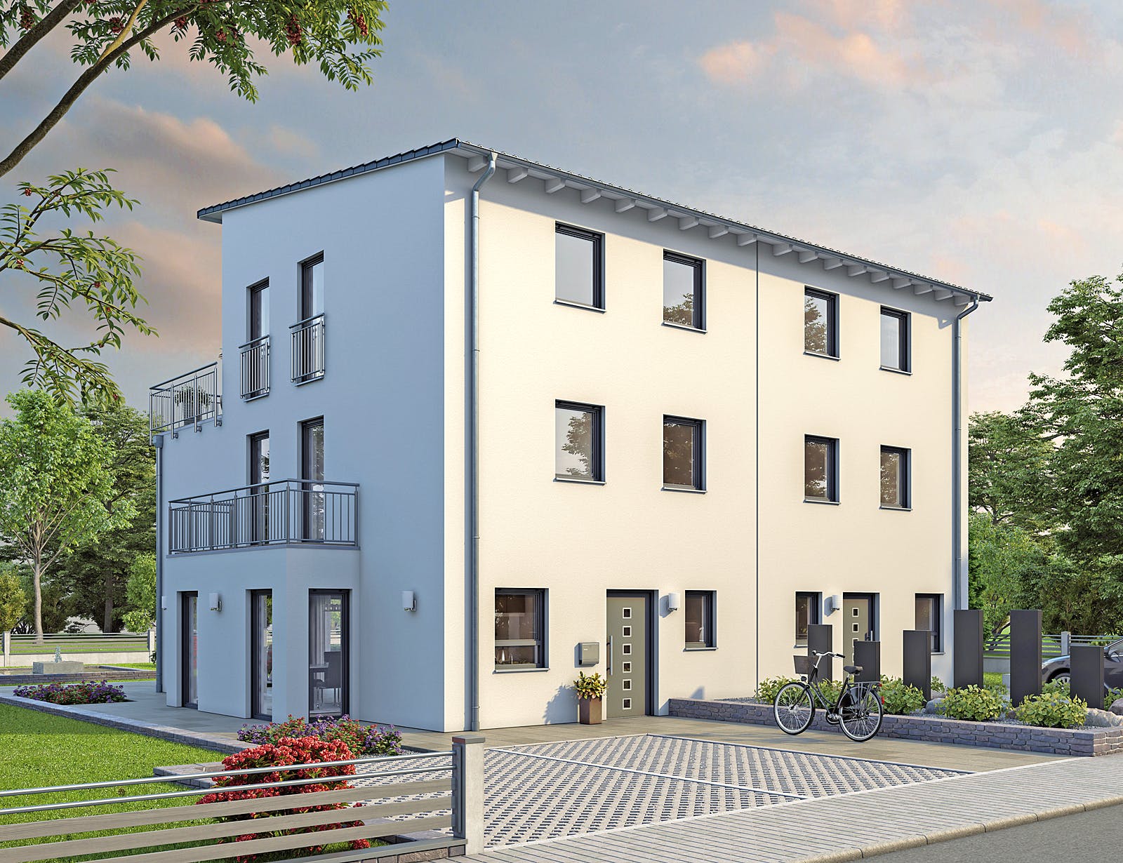 Massivhaus DHH Stadtvilla 176 von hebelHAUS, Pultdachhaus Außenansicht 1