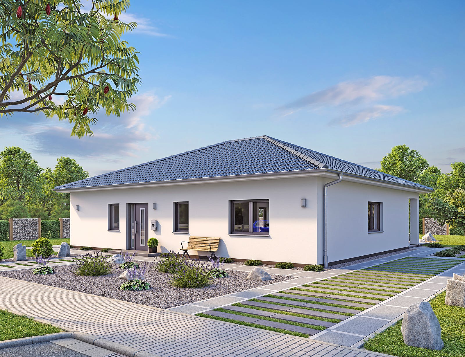 Massivhaus EFH Bungalow 125 von hebelHAUS, Bungalow Außenansicht 1