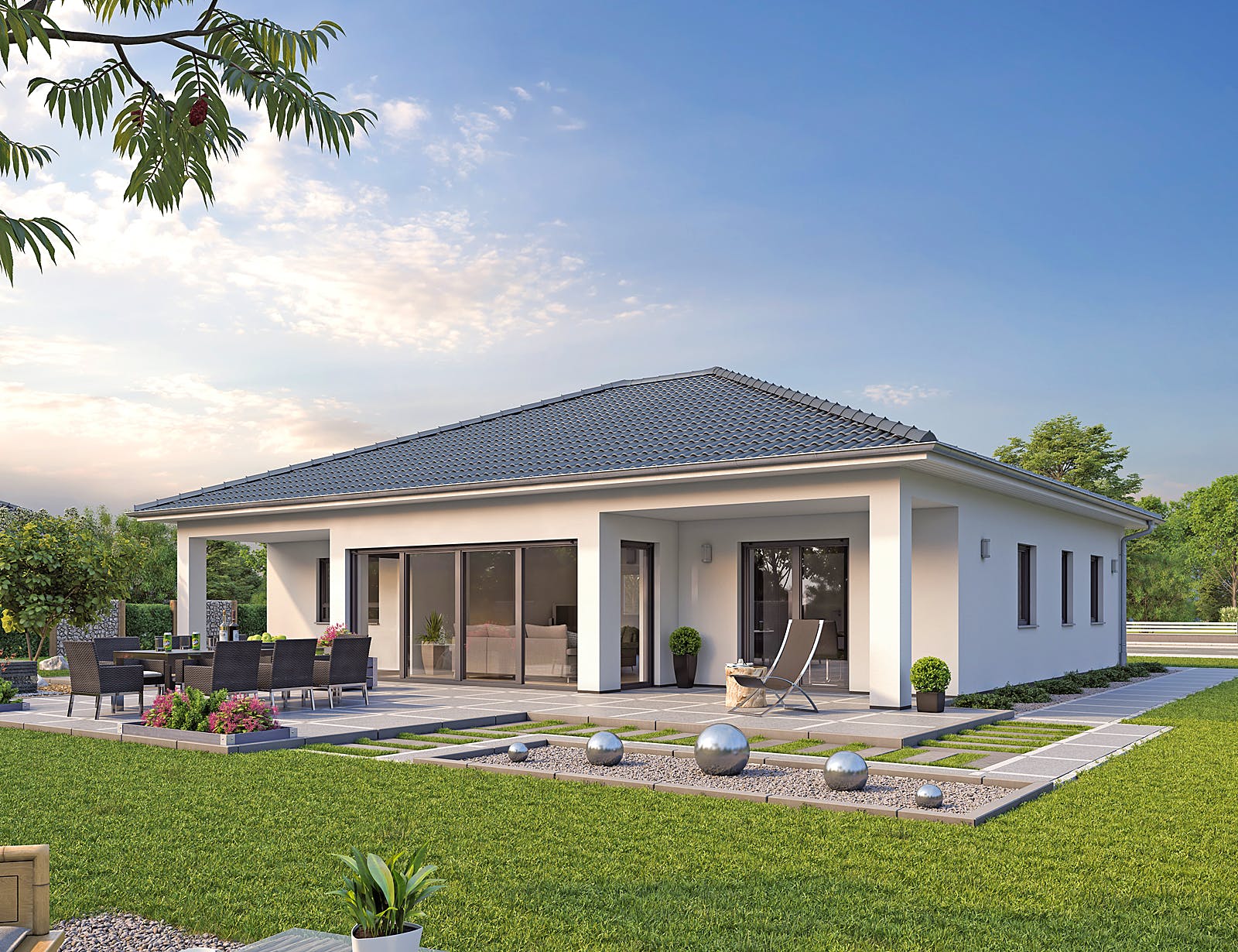 Massivhaus EFH Bungalow 125 von hebelHAUS, Bungalow Außenansicht 2