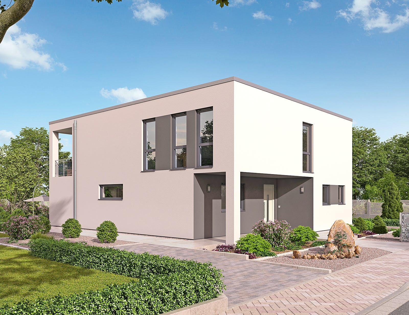 Massivhaus EFH Bauhaus 193 von hebelHAUS, Cubushaus Außenansicht 1