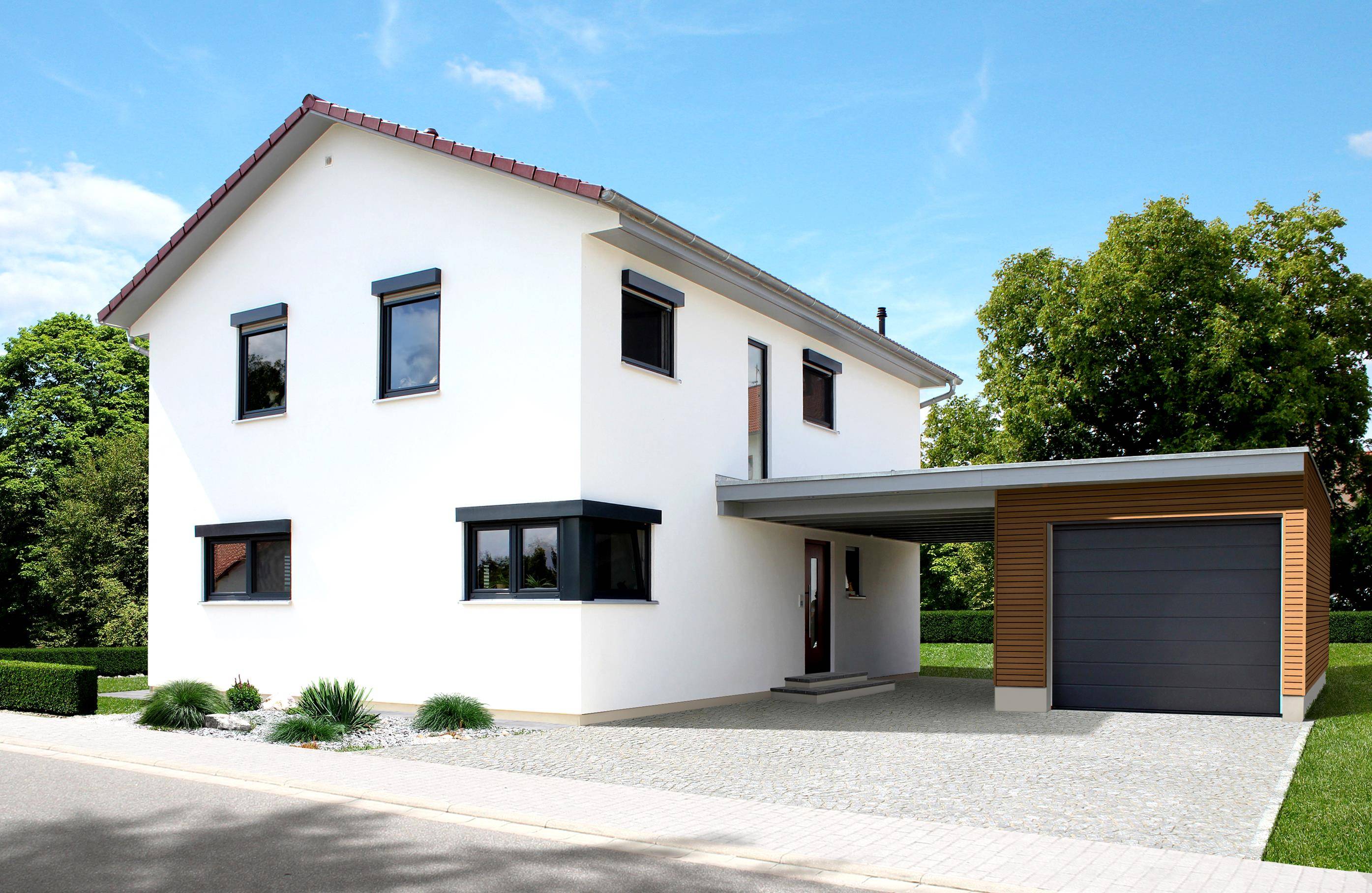 Fertighaus Homestory 203 von Lehner Haus Schlüsselfertig ab 305435€, Satteldach-Klassiker Außenansicht 1