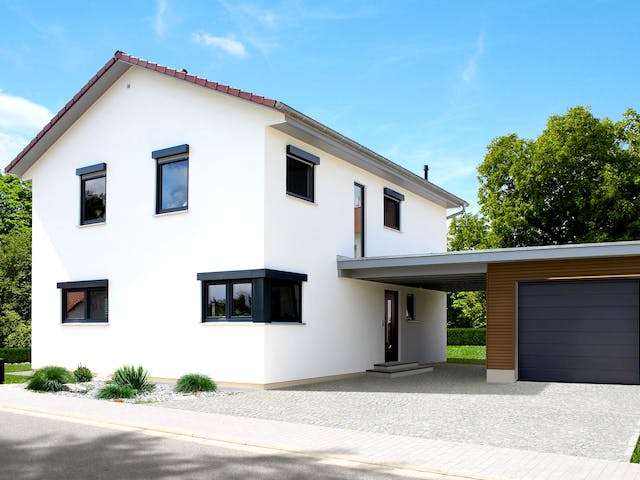 Fertighaus Homestory 203 von Lehner Haus Schlüsselfertig ab 305435€, Satteldach-Klassiker Außenansicht 1