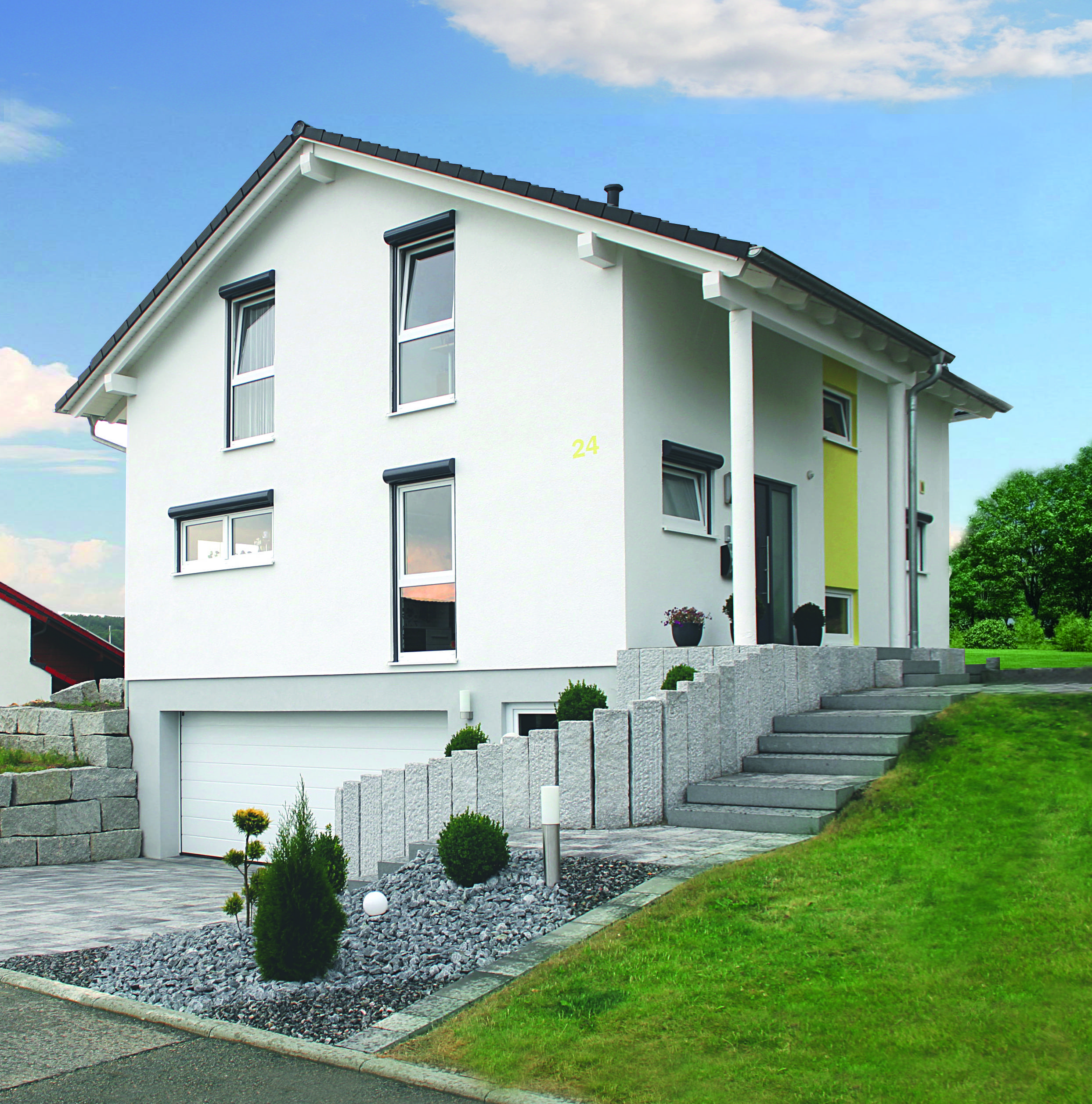 Fertighaus Homestory 31 von Lehner Haus Schlüsselfertig ab 332800€, Satteldach-Klassiker Außenansicht 1