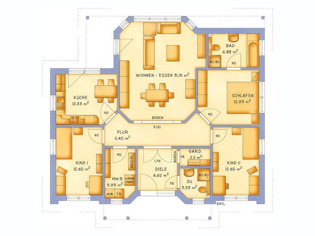 Massivhaus VarioCorner 117 von HSE - Massivhaus Schlüsselfertig ab 269740€, Bungalow Grundriss 1