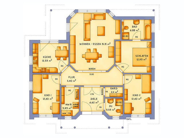 Massivhaus VarioCorner 117 von HSE Massivhaus Schlüsselfertig ab 269740€, Bungalow Grundriss 1