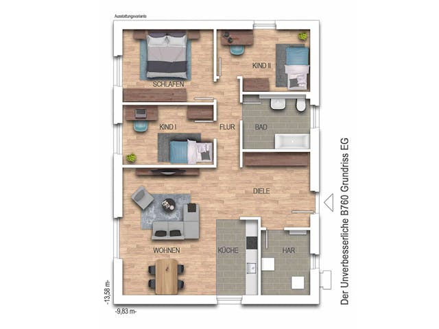 Massivhaus Der Unverbesserliche B760 von Heinz von Heiden Zentrale Schlüsselfertig ab 203616€, Bungalow Grundriss 1