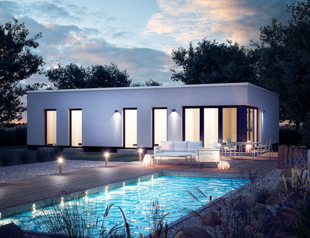 Abbildung eines modernen Flachdach-Bungalows mit einem Massivhaus-Konfigurator