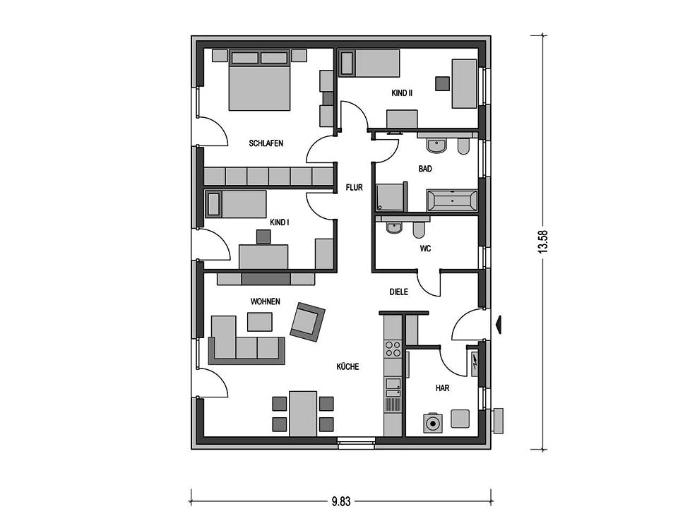 Massivhaus IDEAL 2760 von HVO Massivhaus Schlüsselfertig ab 243333€, Bungalow Grundriss 1