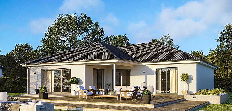 Massivhaus IDEAL 2774 von HVO Massivhaus Schlüsselfertig ab 285882€, Bungalow Außenansicht 1
