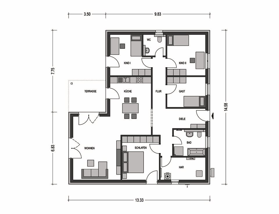 Massivhaus IDEAL 2774 von HVO Massivhaus Schlüsselfertig ab 285882€, Bungalow Grundriss 1