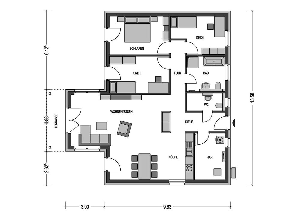 Massivhaus IDEAL 2980 von HVO Massivhaus Schlüsselfertig ab 269781€, Bungalow Grundriss 1