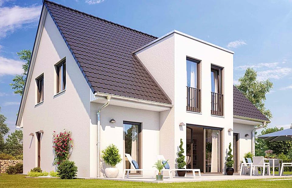 Massivhaus KLASSIK 2610 von HVO Massivhaus Schlüsselfertig ab 288538€, Satteldach-Klassiker Außenansicht 1