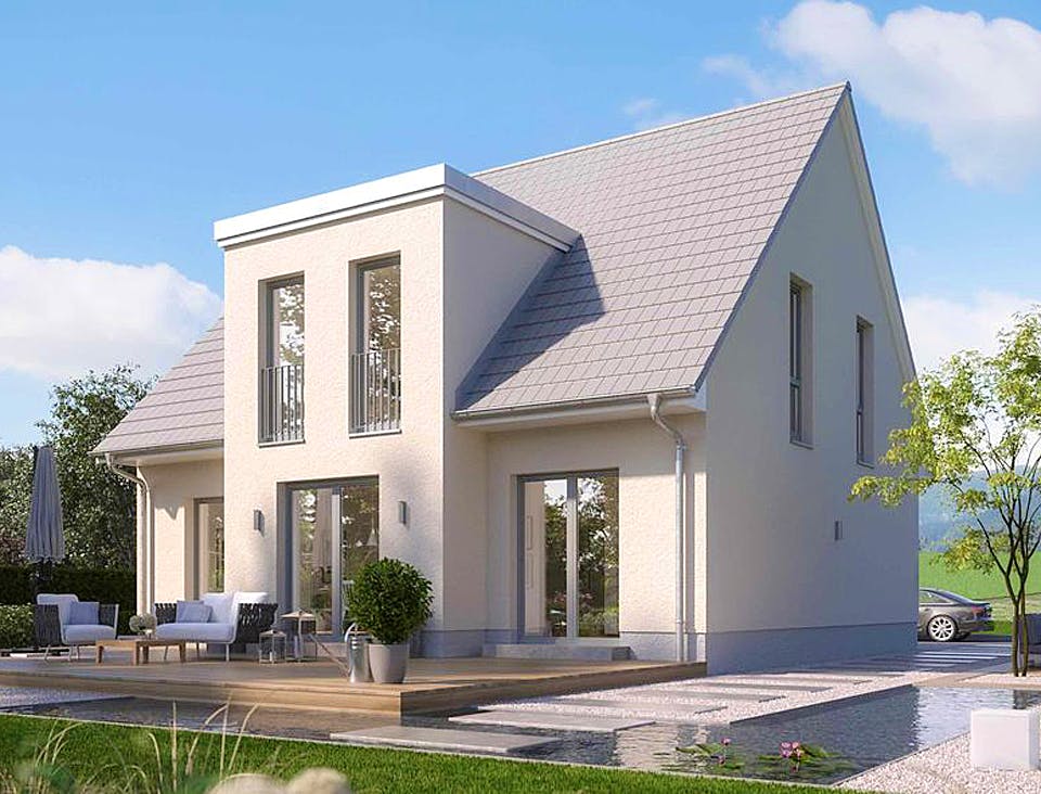 Massivhaus KLASSIK 2710 von HVO Massivhaus Schlüsselfertig ab 322909€, Satteldach-Klassiker Außenansicht 1