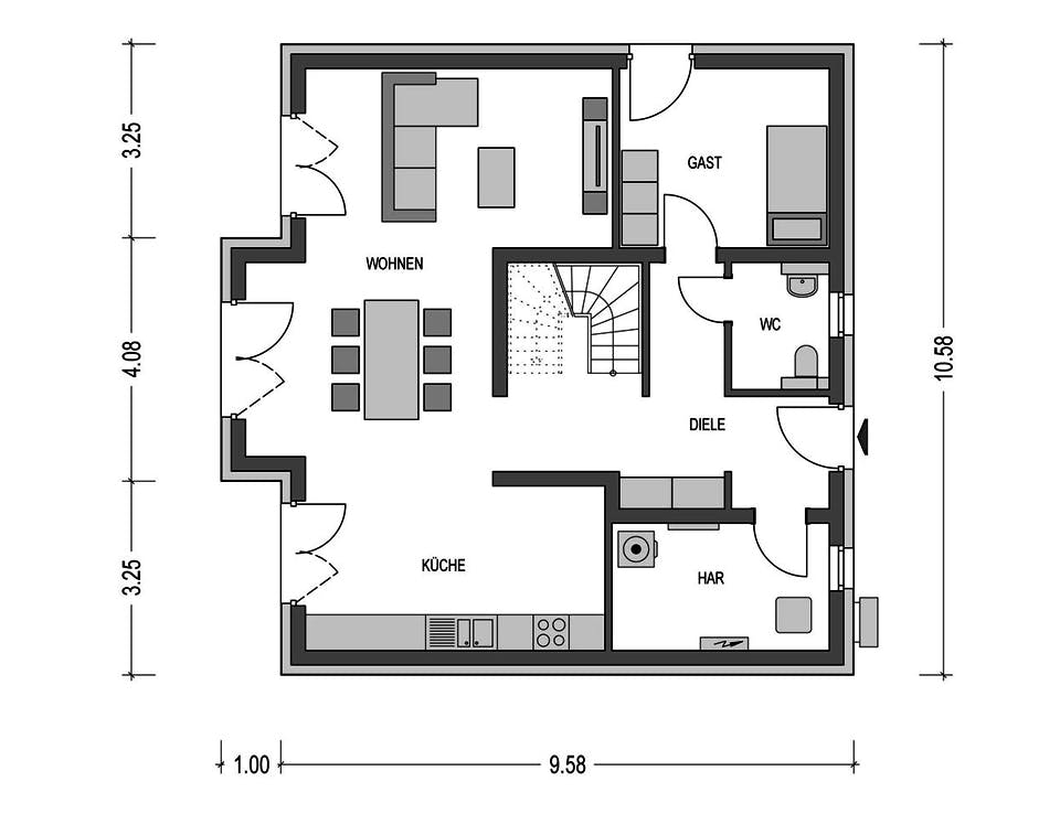 Massivhaus KLASSIK 2710 von HVO Massivhaus Schlüsselfertig ab 322909€, Satteldach-Klassiker Grundriss 1