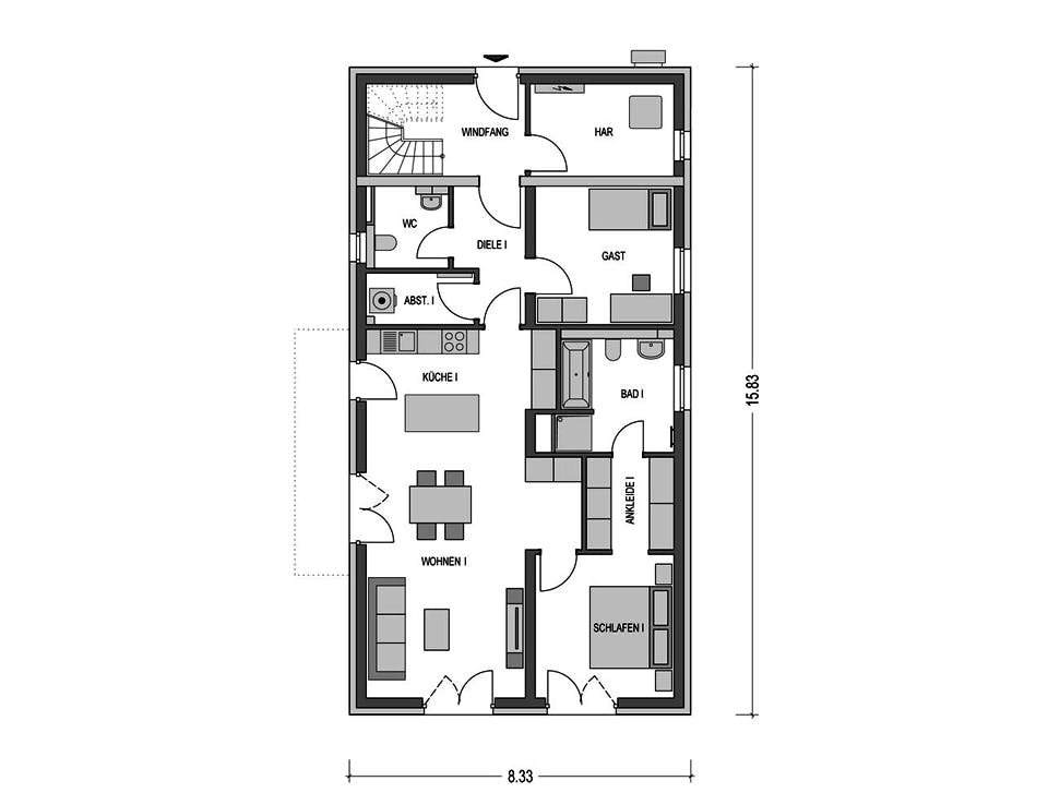 Massivhaus ZWEIFAMILIENHAUS 2490 von HVO Massivhaus Schlüsselfertig ab 456588€, Satteldach-Klassiker Grundriss 1