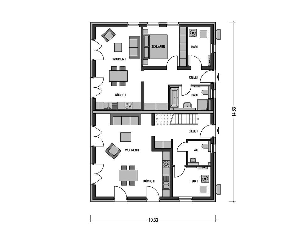 Massivhaus ZWEIFAMILIENHAUS 2880 von HVO Massivhaus Schlüsselfertig ab 457144€, Satteldach-Klassiker Grundriss 1