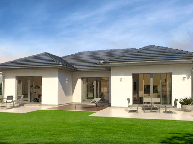 Fertighaus Bungalow 3 Walmdach von OKAL Haus Schlüsselfertig ab 464100€, Außenansicht 1 Fertighaus Bungalow 3 Walmdach von OKAL Haus Schlüsselfertig ab 464100€, Außenansicht 1